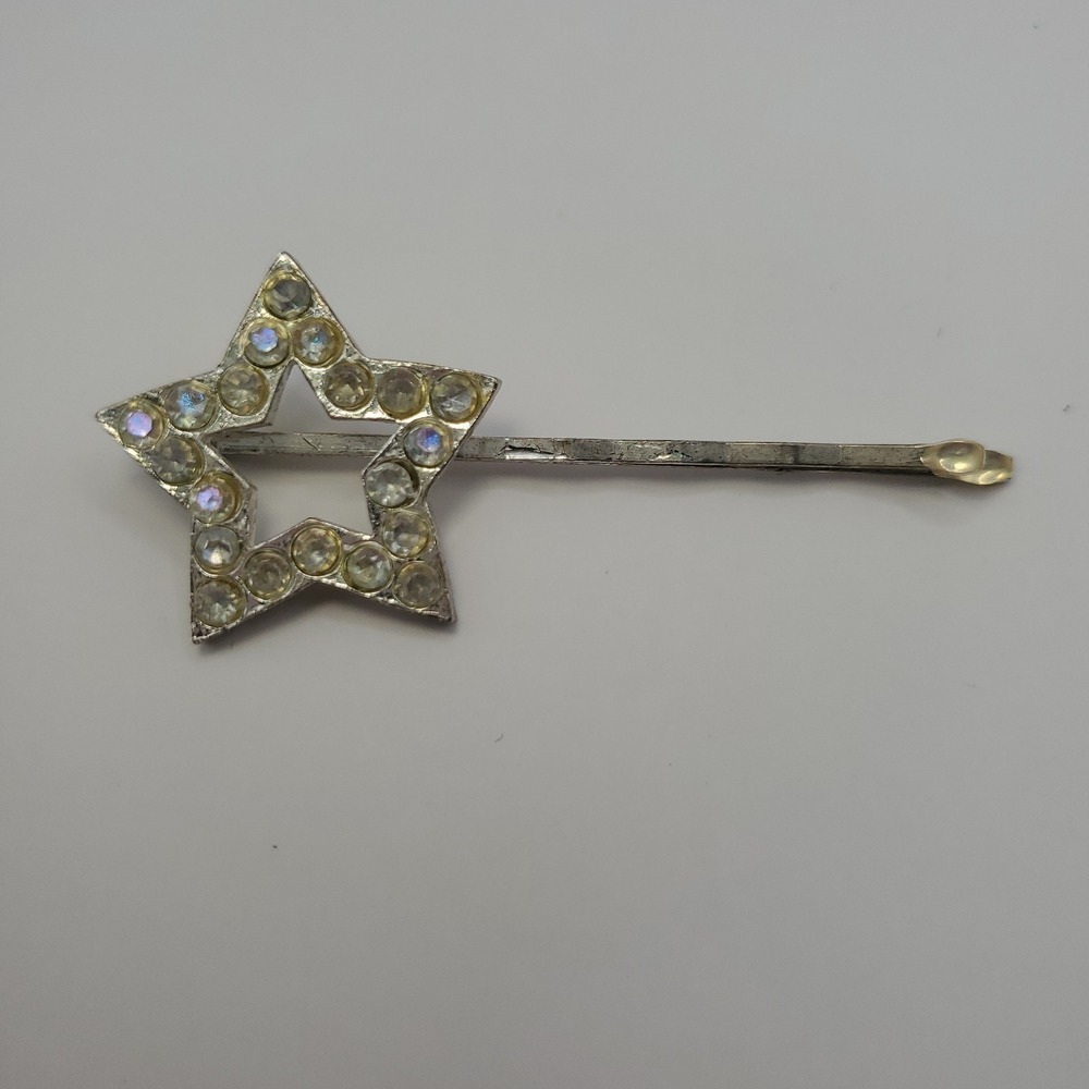 vintage silver-tone star bobby pin decorated with iridescent crystal rhinestones
